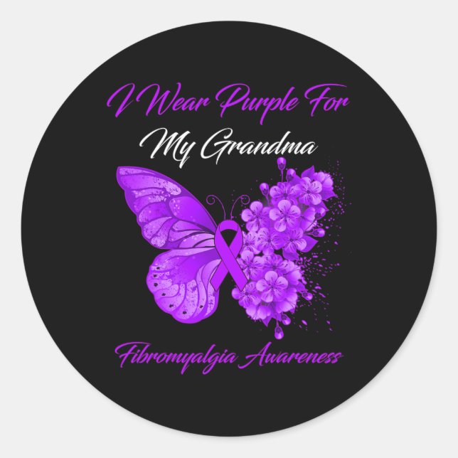 Sticker Rond Je Porte Du Violet Pour Mon Grand-Mère Fibromyalgi (Devant)