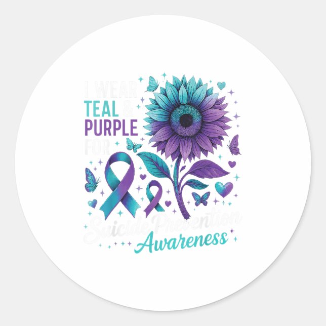 Sticker Rond Je Porte le &amp Turquoise; Purple Suicide Prevent (Devant)
