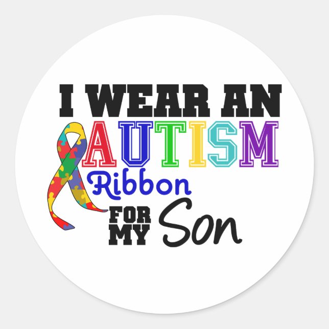 Sticker Rond Je Porte Le Ruban Autisme Pour Mon Fils (Devant)