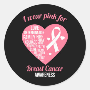 Sticker Rond Je porte le ruban rose Coeur Cool Cancer du sein p