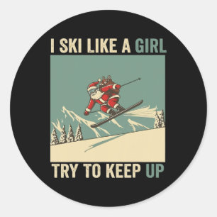 Sticker Rond Je skie comme un père Noël fille drôle de Noël Ski