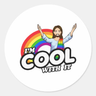 Sticker Rond Je suis Cool avec - Rainbow Jesus