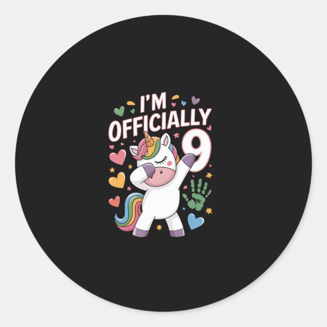 Sticker Rond Je suis officiellement 9 Unicorn Dabbing 9e annive (Devant)