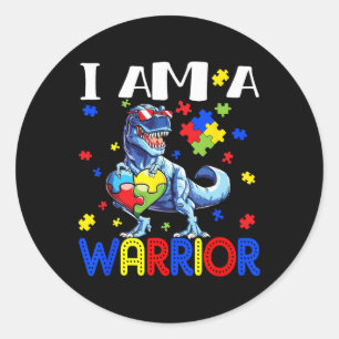 Sticker Rond Je Suis Un Guerrier Autisme Garçons Famille Dinosa