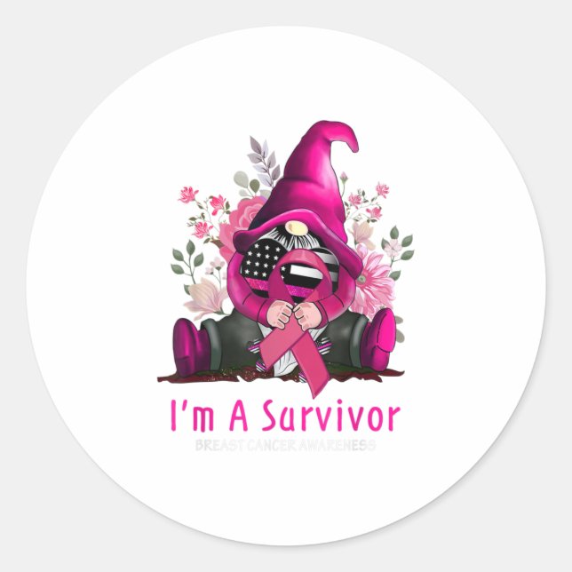Sticker Rond Je Suis Un Survivant Gnome Pink Ribbon Cancer Du S (Devant)