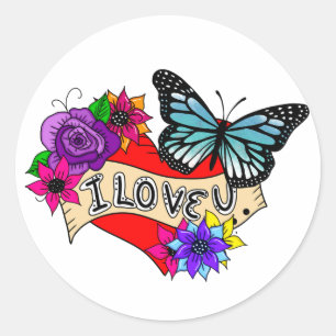 Sticker Rond Je T'Aime Coeurs, Roses et papillons
