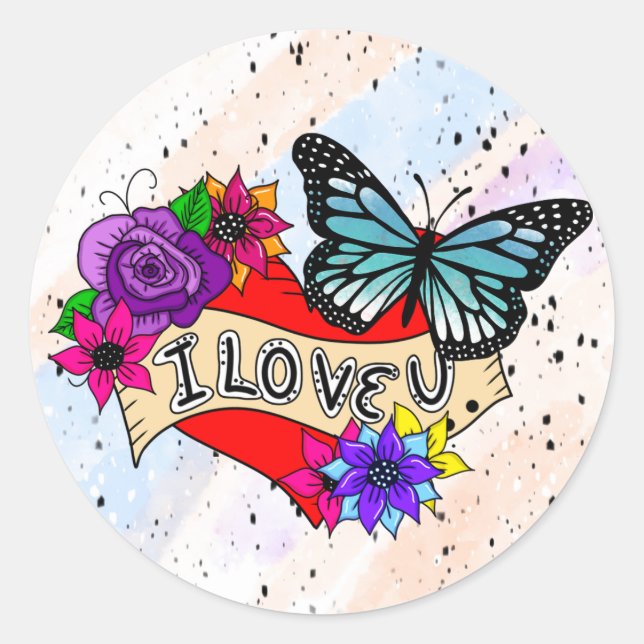 Sticker Rond Je T'Aime | Coeurs, Roses et papillons (Devant)