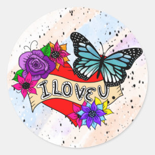 Sticker Rond Je T'Aime Coeurs, Roses et papillons