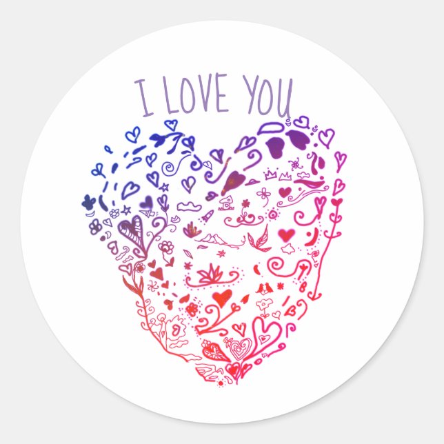 Sticker Rond Je T'Aime Sticker, Coeur, Valentine, Rose Violet (Devant)