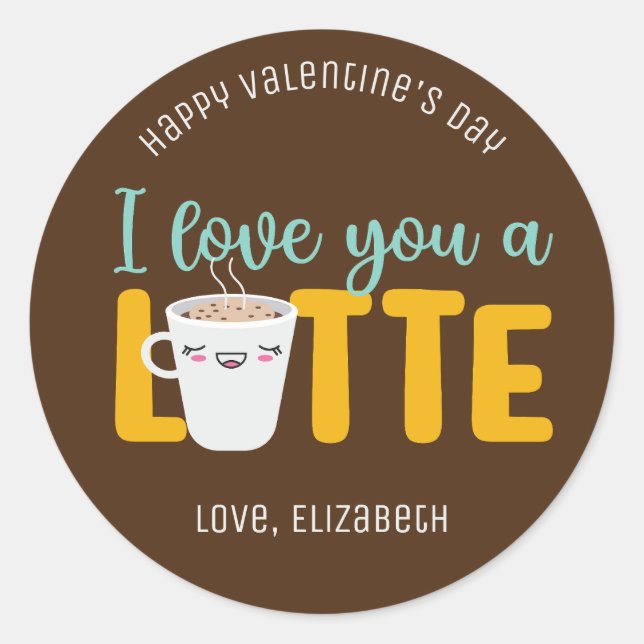 Sticker Rond Je t'aime Un Latte Funny Pun mignon Saint Valentin (Devant)