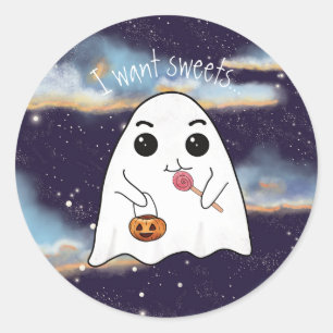 Sticker Rond Je veux des sucreries Halloween mignon fantôme la