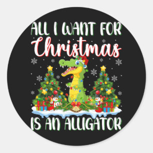 Sticker Rond Je Veux Pour Noël Est Un Alligator Xmas Arbre Ligh