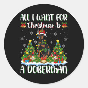 Sticker Rond Je Veux Pour Noël Est Un Chien Doberman Xmas Tree
