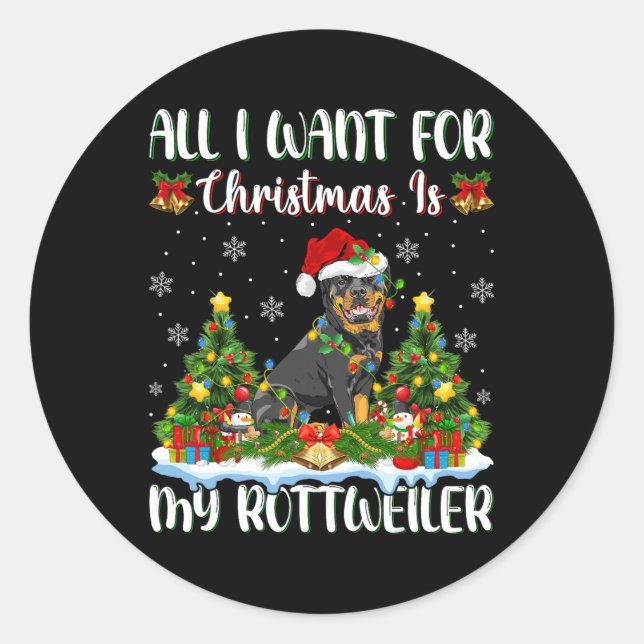 Sticker Rond Je Veux Pour Noël Est Un Chien Rottweiler Xmas Tre (Devant)