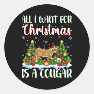 Sticker Rond Je Veux Pour Noël Est Un Cougar Xmas Lumières Arbr