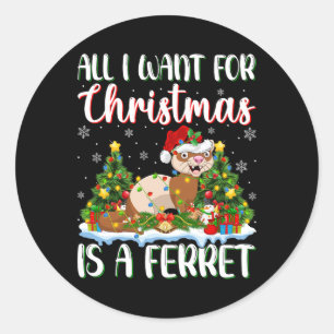 Sticker Rond Je Veux Pour Noël Est Un Ferret Lumières D'Arbre D
