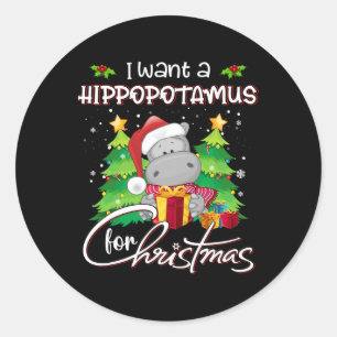 Sticker Rond Je veux un hippopotame pour Noël Xmas Hippo Pour