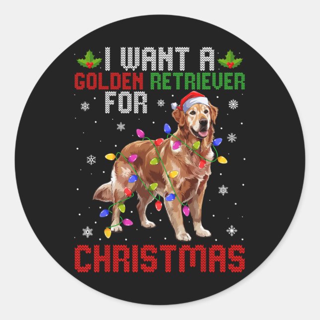 Sticker Rond Je Veux Un Retriever D'Or Pour Noël Santa Hat (Devant)