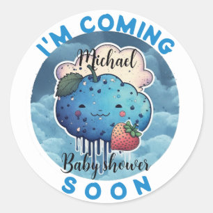 Sticker Rond Je viens bientôt Funny Baby shower aux fraises ble