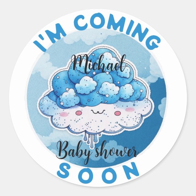 Sticker Rond Je viens bientôt Funny Blueberry Baby shower (Devant)