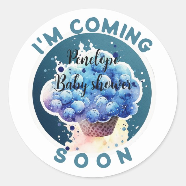 Sticker Rond Je viens bientôt Funny Blueberry Cake Baby shower (Devant)