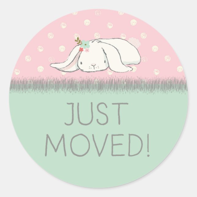 Sticker Rond Je viens de bouger ! Lapin rose et vert avec fleur (Devant)