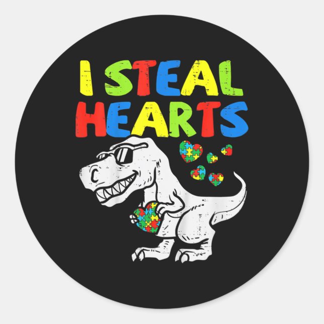 Sticker Rond Je vole Coeurs Trex Dinosaur Enfants Garçons Autis (Devant)