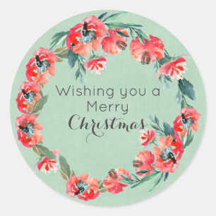 Sticker Rond Je Vous Souhaite Un Joyeux Noël Rouge Floral Desig
