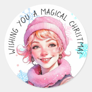 Sticker Rond Je vous souhaite un Noël magique Vintage dame rose