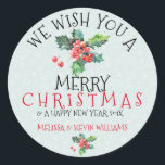 Sticker Rond Je Vous Souhaite Une Merry Christmas Mistletoe Ill<br><div class="desc">Nous vous souhaitons un Joyeux Noël avec l'illustration de l'aquarelle de mistletoe. Arrière - plan vert menthe clair aux flocons de neige blancs.</div>