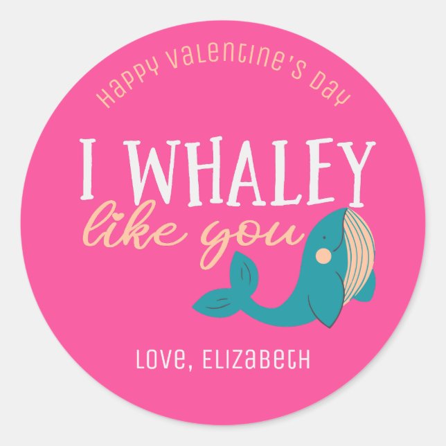 Sticker Rond Je Whaley Aime Drôle Mignonne Saint Valentin Rose (Devant)