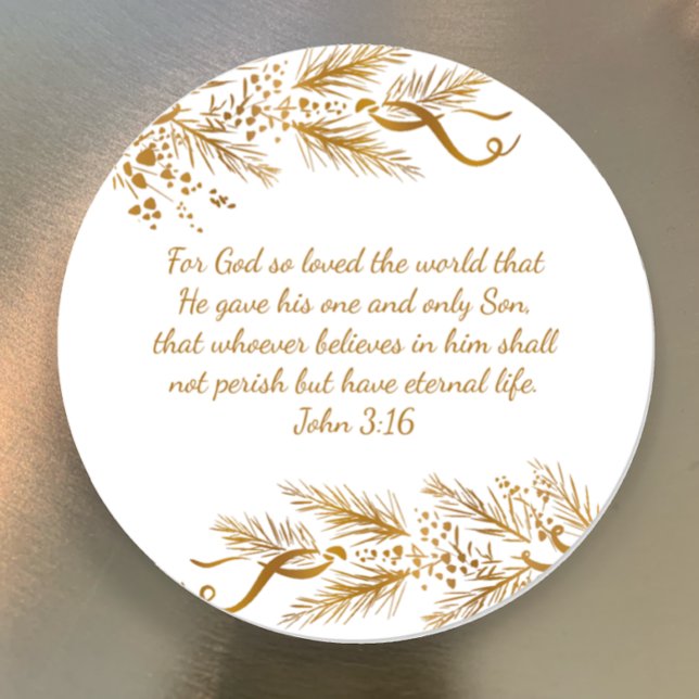 Sticker Rond Jean 3:16 Écriture biblique Élégant Noël doré (John 3:16 For God so love the world custom scripture elegant gold Christmas sticker for gifts cards.)