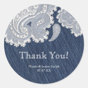 Sticker Rond Jean en Denim & Dentelle Blanche Élégant Mariage d