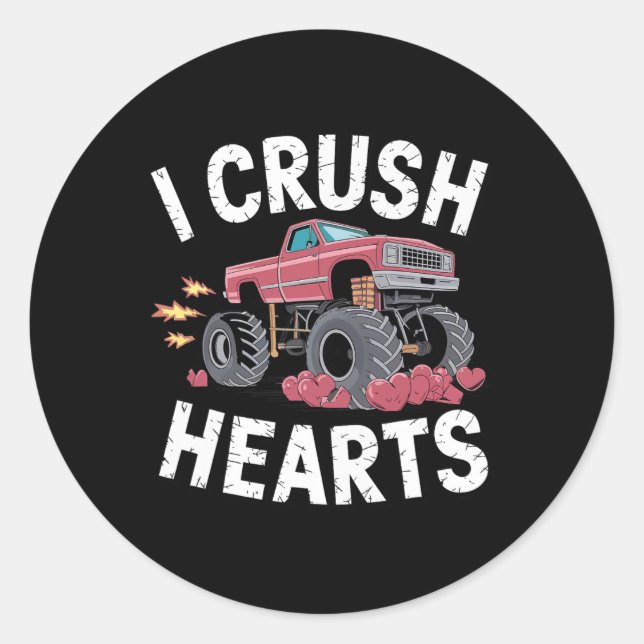 Sticker Rond J'écrase Coeurs Monster Truck Funny Valentines Day (Devant)