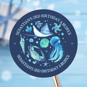 Sticker Rond Jellyfish, Crabe, Stingray Ocean Animaux Aquarelle