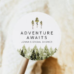 Sticker Rond JENNA Rustic Watercolor Pine Tree Fête des mariées<br><div class="desc">La collection de Fêtes des mariées Jenna comprend de magnifiques pins aquarelles et une combinaison de polices rustiques. Cette collection est parfaite pour votre événement d'aventure en montagne.</div>
