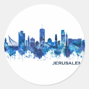 Sticker Rond Jérusalem Israel Skyline Blue