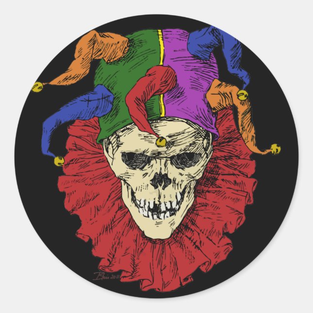 Sticker Rond Jester Crâne effrayant Goth Mardi Gras Clown (Devant)
