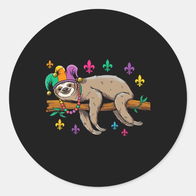 Sticker Rond Jester Sloth Animal Cute Funny Mardi Gras Carnival (Devant)
