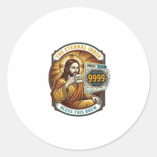 Sticker Rond Jésus 9999 Emails Non Lus Boîte de Réception Zéro  (Devant)