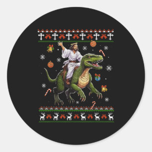 Sticker Rond Jésus à cheval sur un dinosaure Mème drôle de Noël
