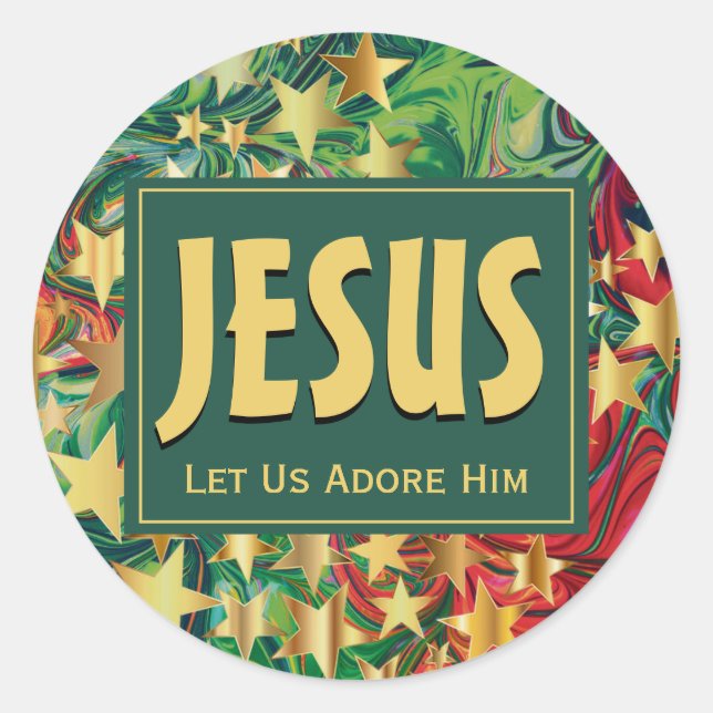 Sticker Rond JESUS Adore-Lui Noël Étoiles Festif (Devant)