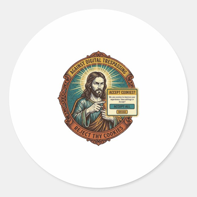Sticker Rond Jésus Agacant Accepter les Cookies Pop Up Internet (Devant)