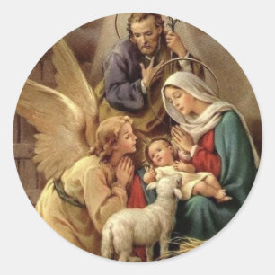 Sticker Rond Jésus bébé de la Nativité de Noël vintage