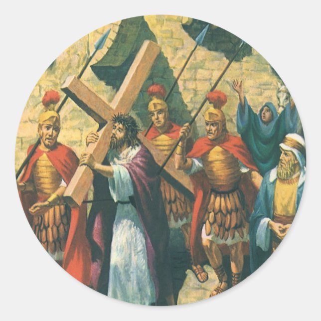 Sticker Rond Jésus Christ Portant la Croix à sa Crucifixion (Devant)