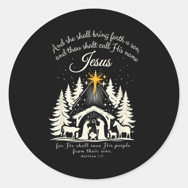 Sticker Rond Jesus Christian Christmas Xmas Tree Family Pajamas (Devant)