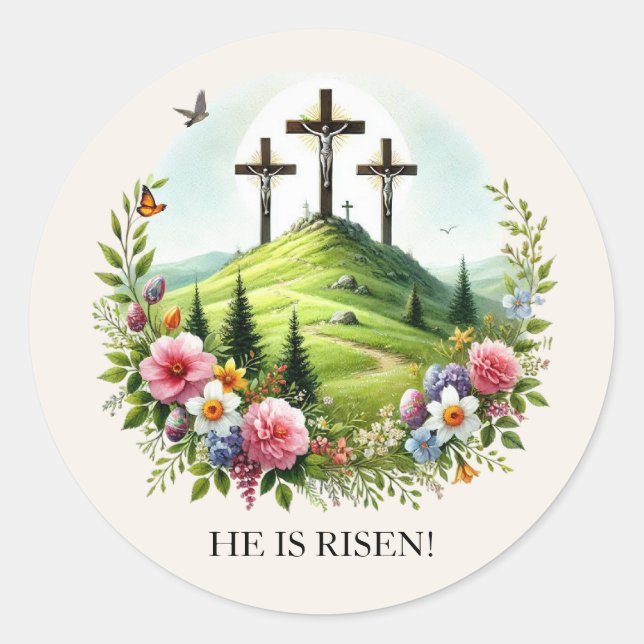 Sticker Rond Jésus en croix Il est ressuscité Pâques (Devant)