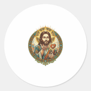 Sticker Rond Jésus envoie un baiser Cœur rouge Bouton J'aime Hu