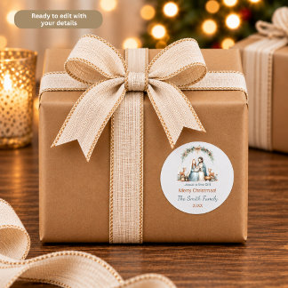 Sticker Rond Jésus est le Cadeau Scène de Nativité Bleue Person