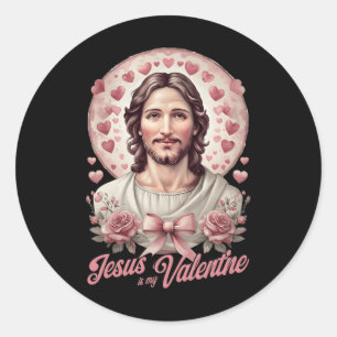 Sticker Rond Jésus Est Ma Saint Valentin Coquette Bow Cross Fai